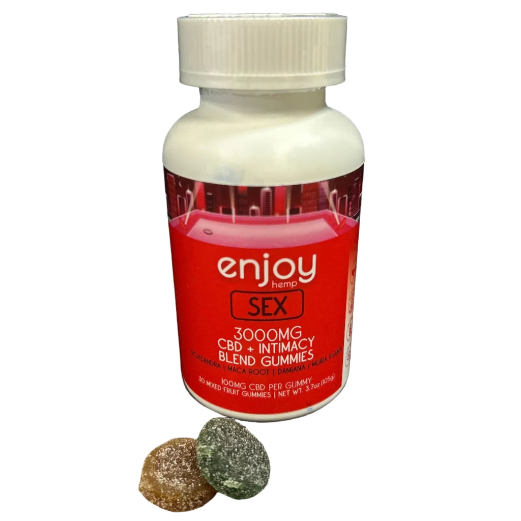 Bottle of 'enjoy' hemp sex gummies with two gummies on a black background