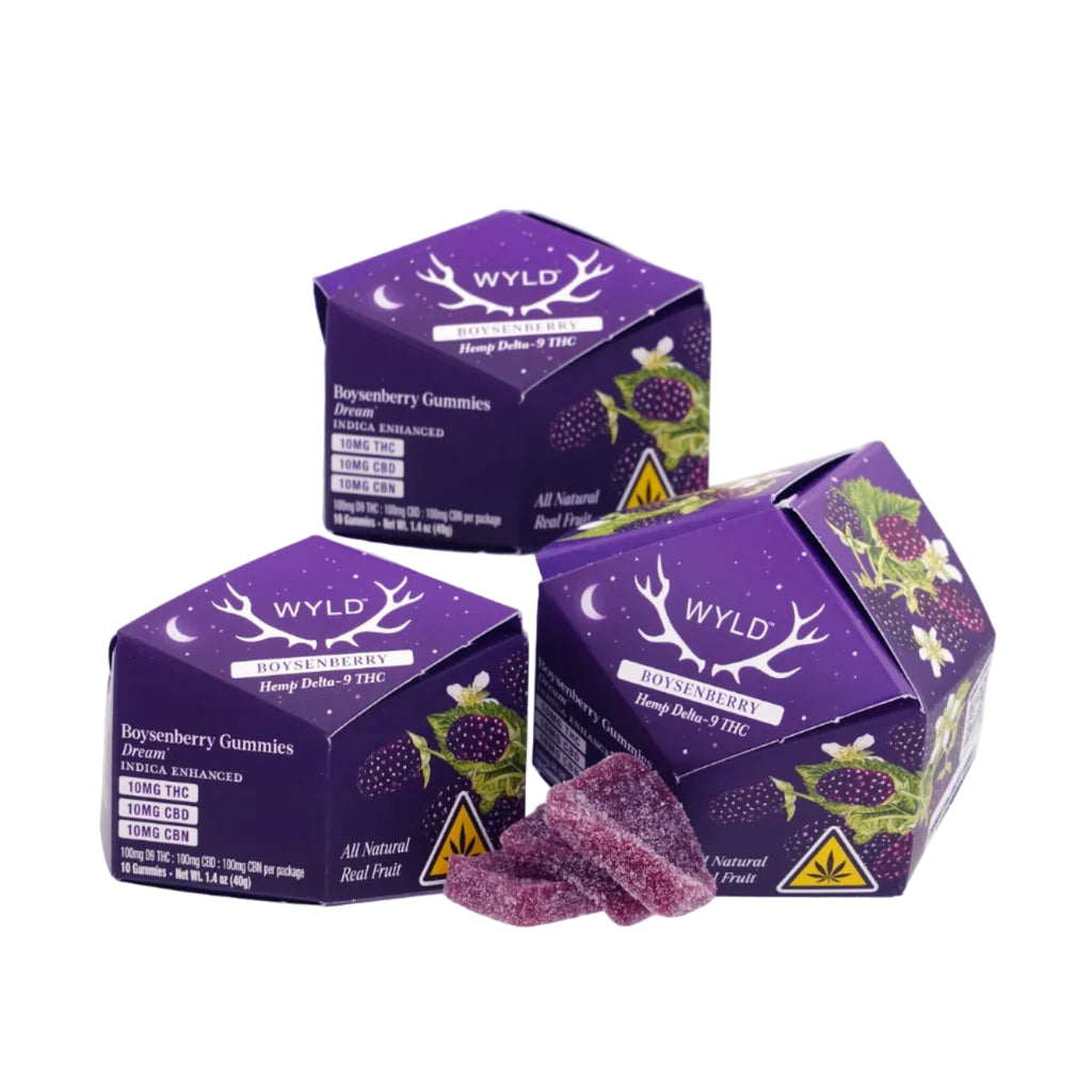 Wyld boysenberry gummies and packaging on a white background