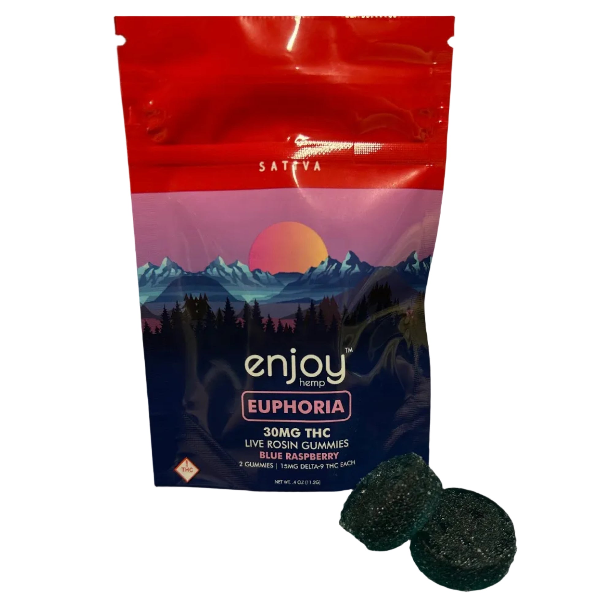 Sativa brand gummy package with a scenic design on a dark background